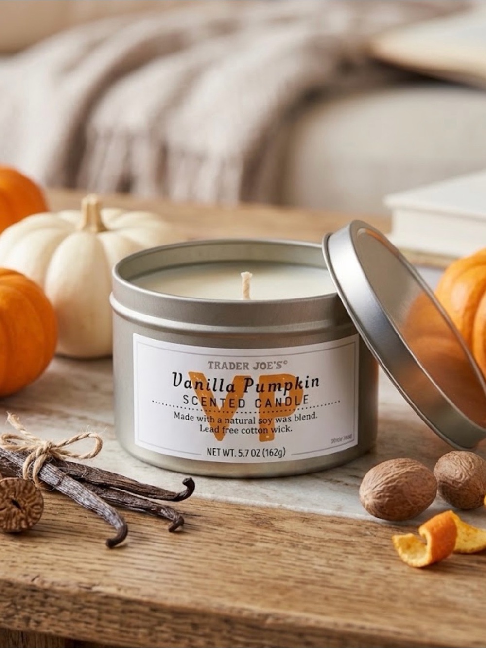 NWT Trader Joe's Vanilla Pumpkin Scented Candle Tin (New)